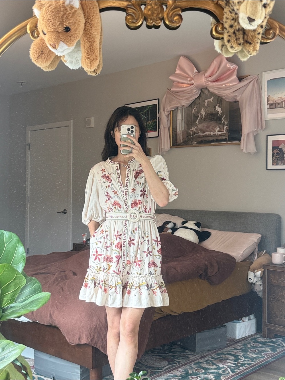 NWT Caroline Constas linen blend puff sleeves embroidered mini dress